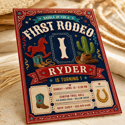 Cowboy First Rodeo Birthday Invitation: Wild West Western Party — invitation you personalize in Canva