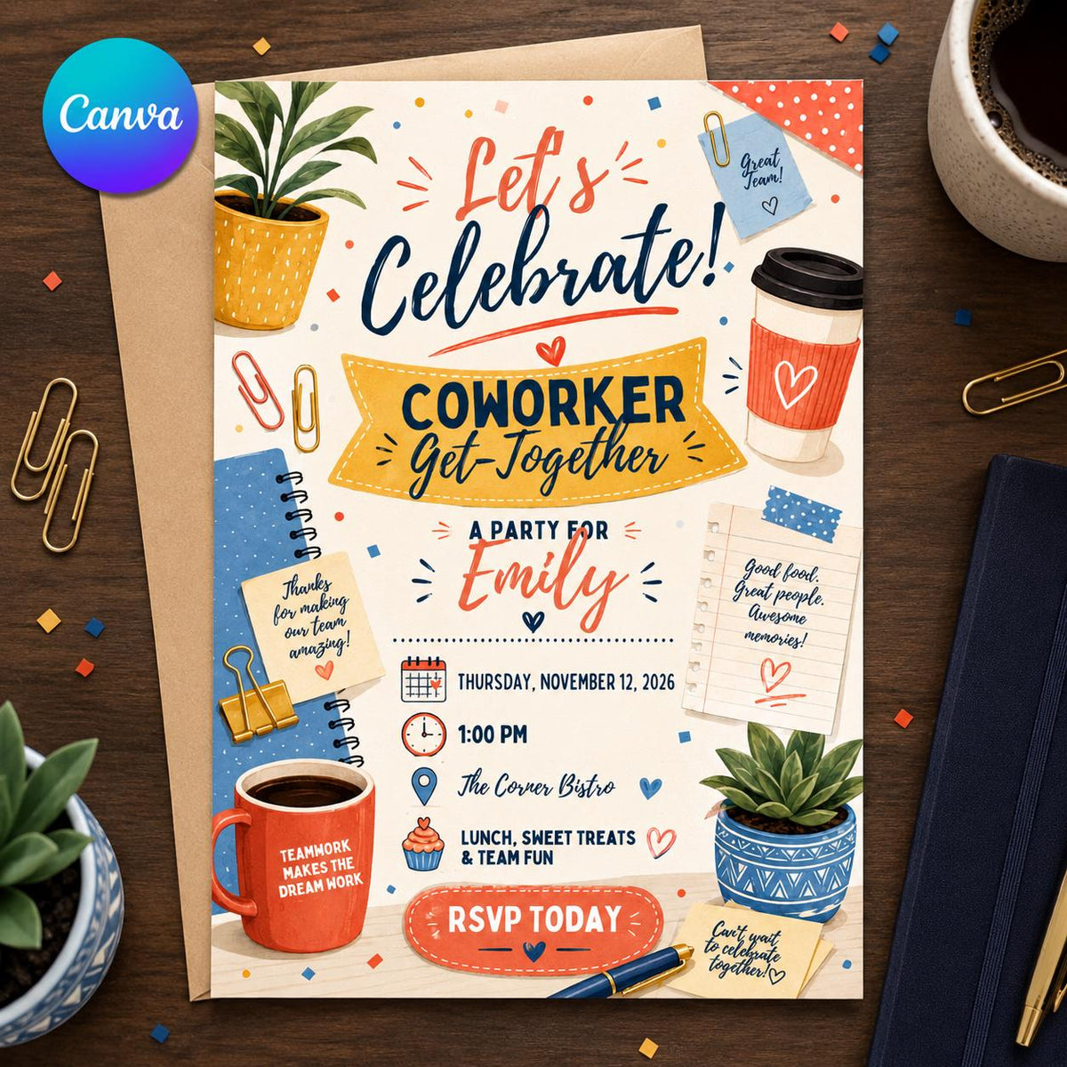 Coworker Get Together Invitation — editable Canva template