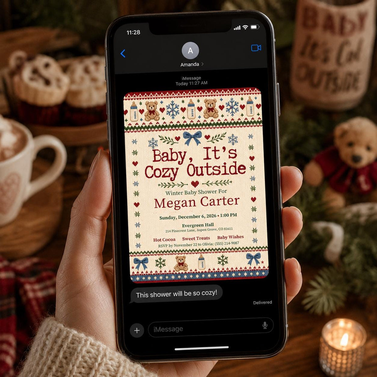 Cozy Sweater Teddy Winter Baby Shower Invitation in brown and cream