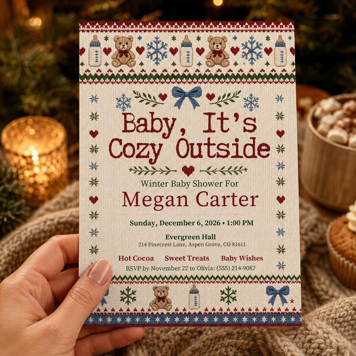 Cozy Sweater Teddy Winter Baby Shower Invitation — bear design