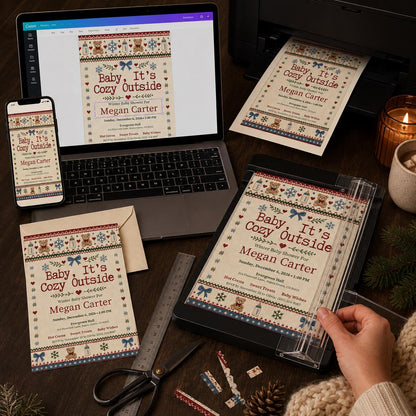 Cozy Sweater Teddy Winter Baby Shower Invitation — invitation you personalize in Canva