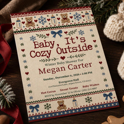 Cozy Sweater Teddy Winter Baby Shower Invitation — bear artwork in brown and cream