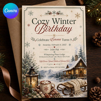 Cozy Winter 9th Birthday Invitation — editable Canva template