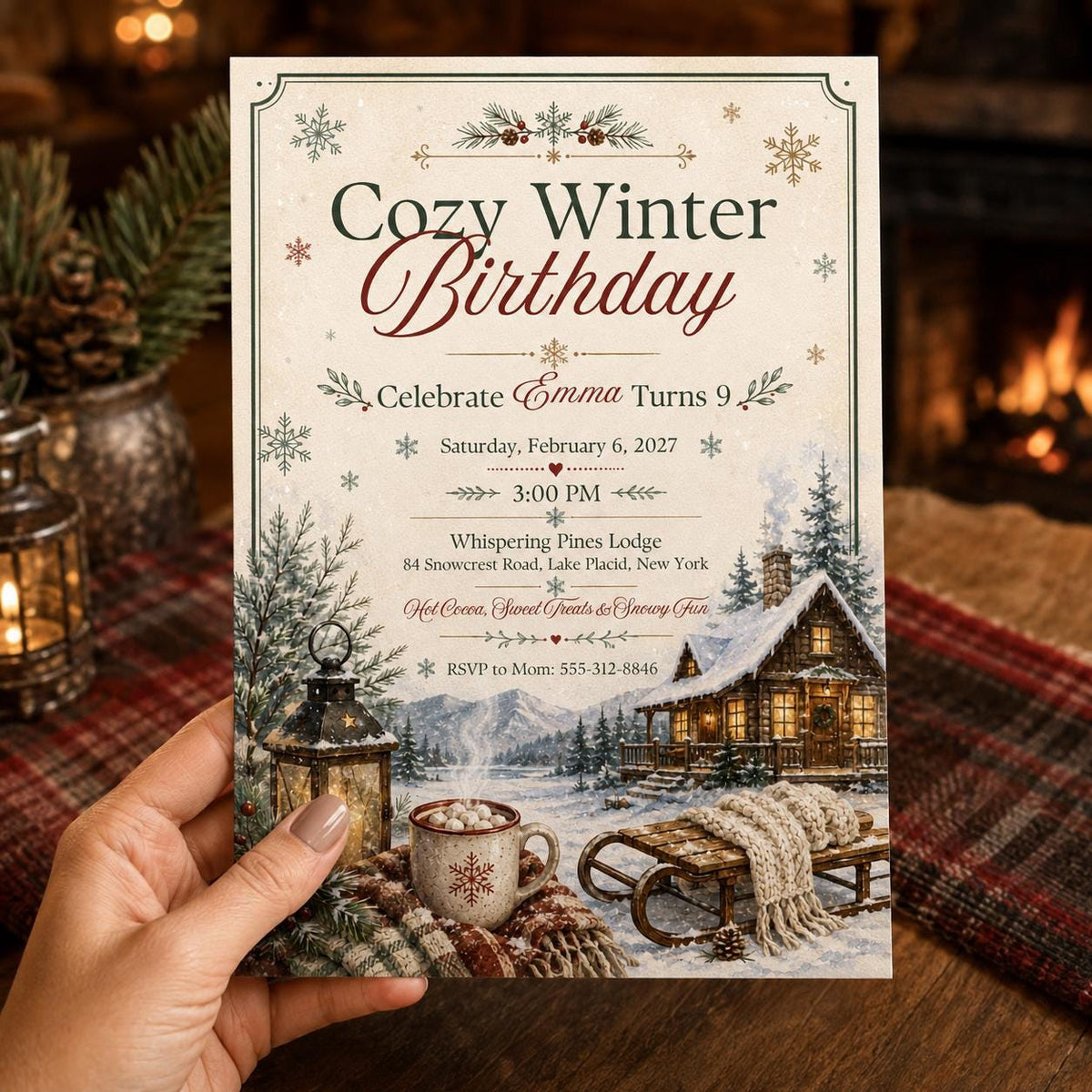 Cozy Winter 9th Birthday Invitation — print-ready 9th birthday party design from VoltBy