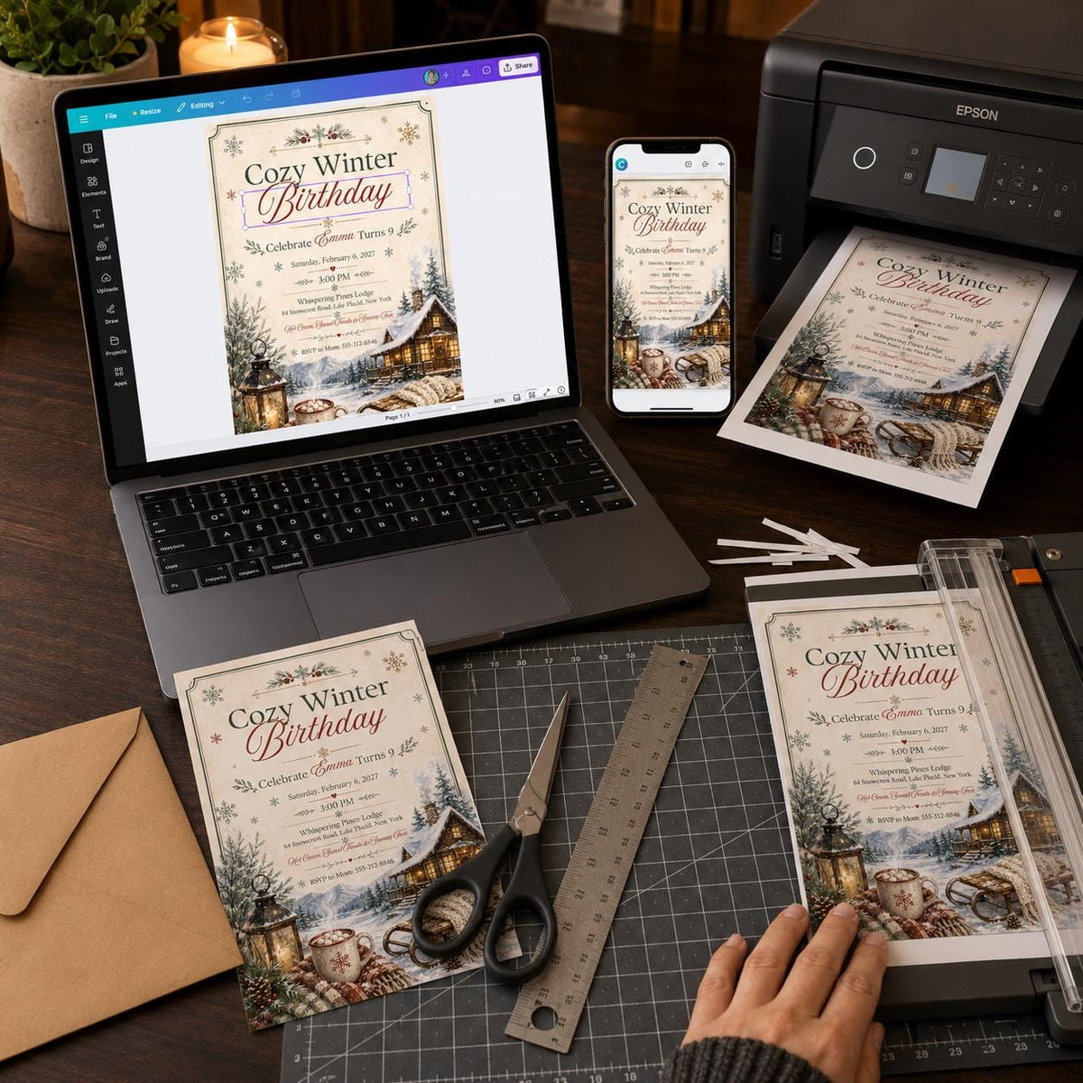 Cozy Winter 9th Birthday Invitation — digital invitation, instant download