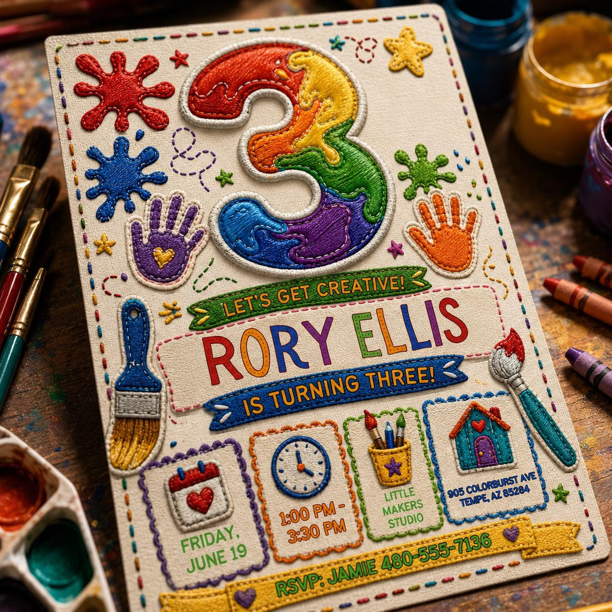 Craft Art Party 3rd Birthday Invitation — digital invitation, instant download