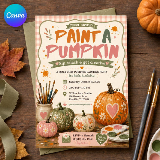 Craft Pumpkin Painting Party Invitation — editable Canva template