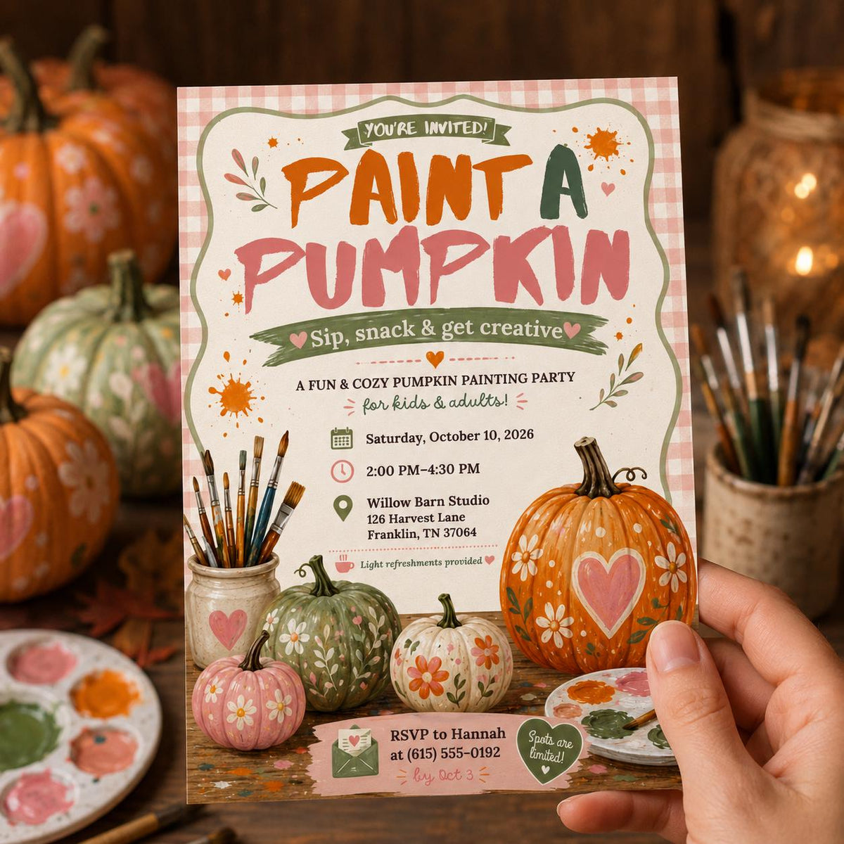 Craft Pumpkin Painting Party Invitation — invitation you personalize in Canva