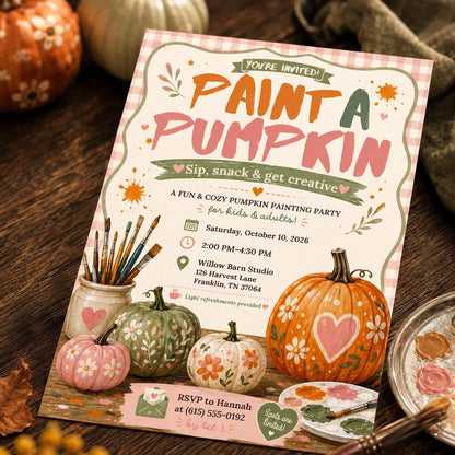 Craft Pumpkin Painting Party Invitation — digital invitation, instant download