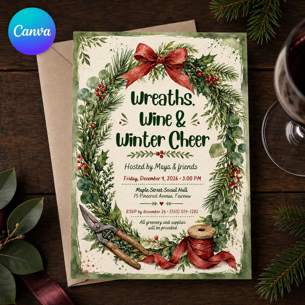 Craft Wreaths Wine Winter Cheer Invitation — editable Canva template