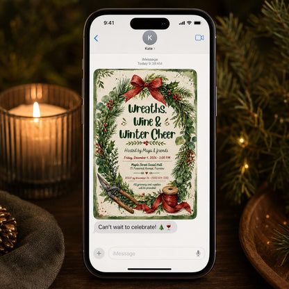 Craft Wreaths Wine Winter Cheer Invitation — invitation you personalize in Canva