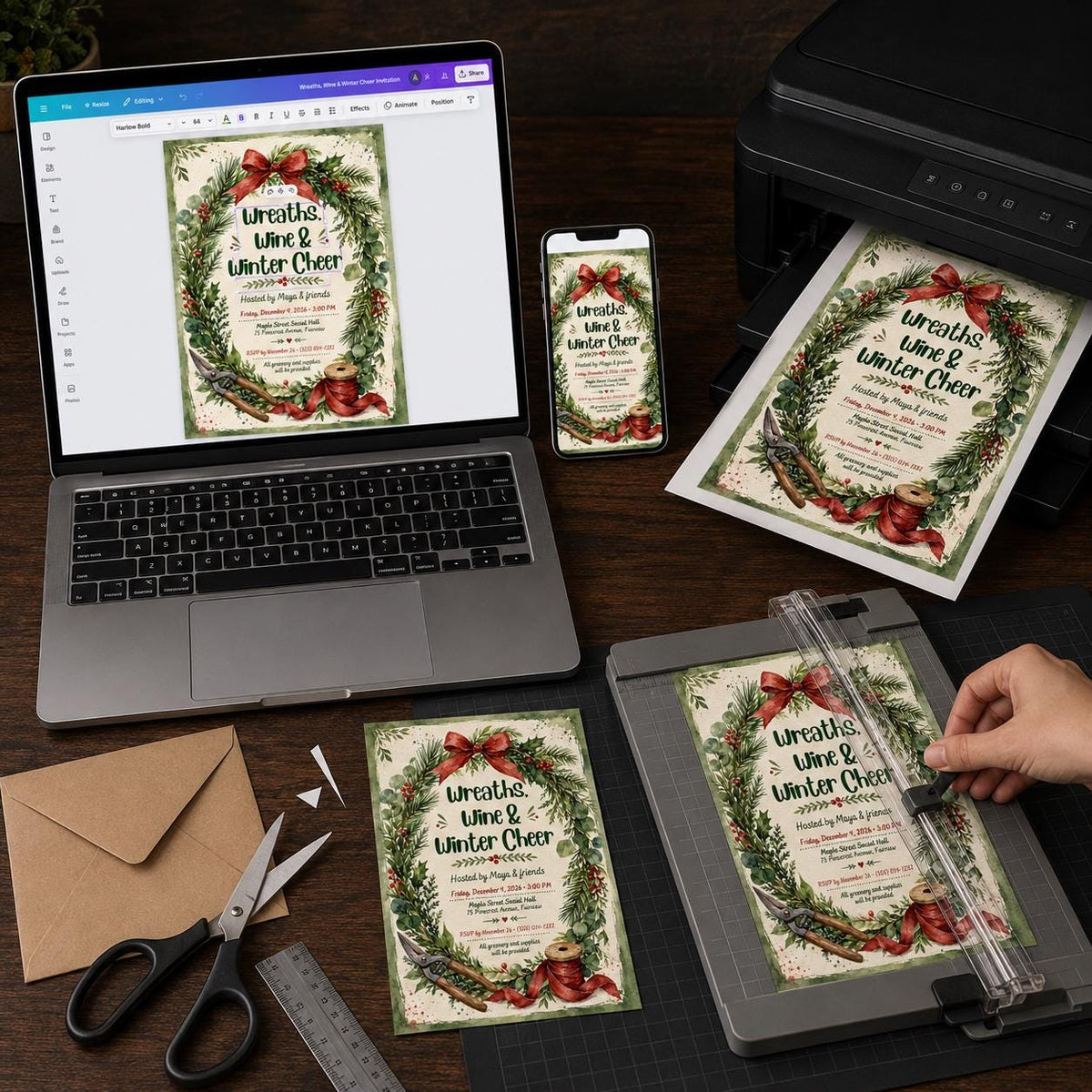 Craft Wreaths Wine Winter Cheer Invitation — digital invitation, instant download