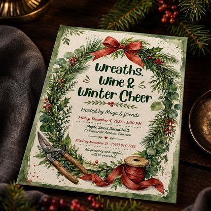 Craft Wreaths Wine Winter Cheer Invitation — Christmas celebration stationery by VoltBy