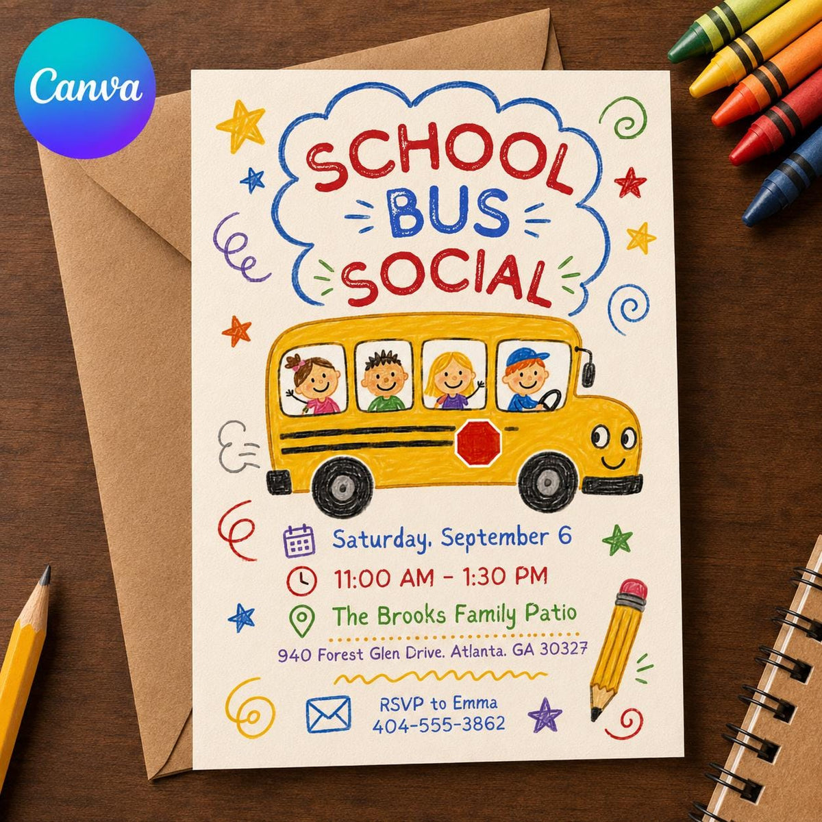 Crayon School Bus Social Invitation — editable Canva template