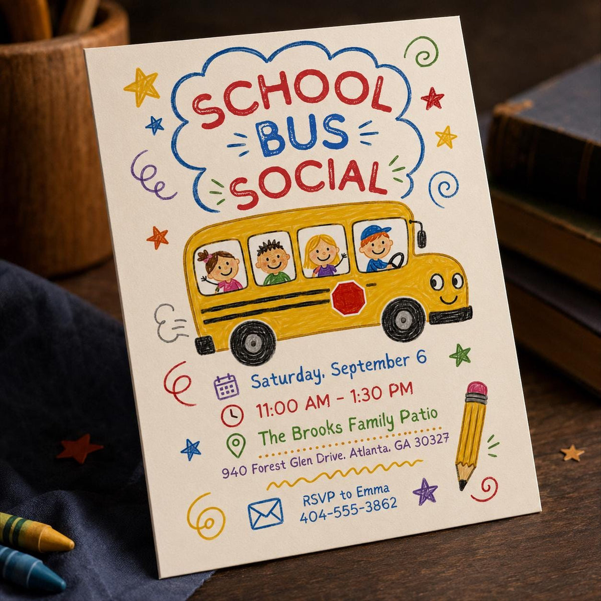 Crayon School Bus Social Invitation in blue and red