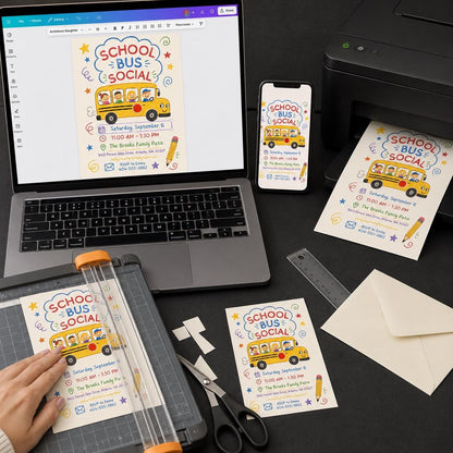 Crayon School Bus Social Invitation — invitation you personalize in Canva