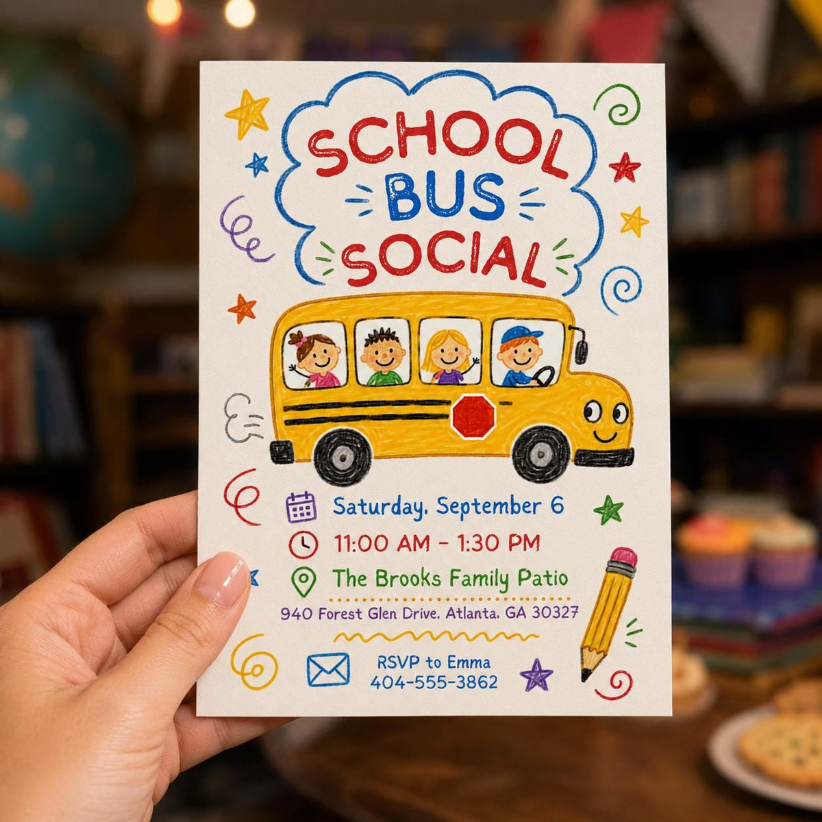 Crayon School Bus Social Invitation — hand drawn party design
