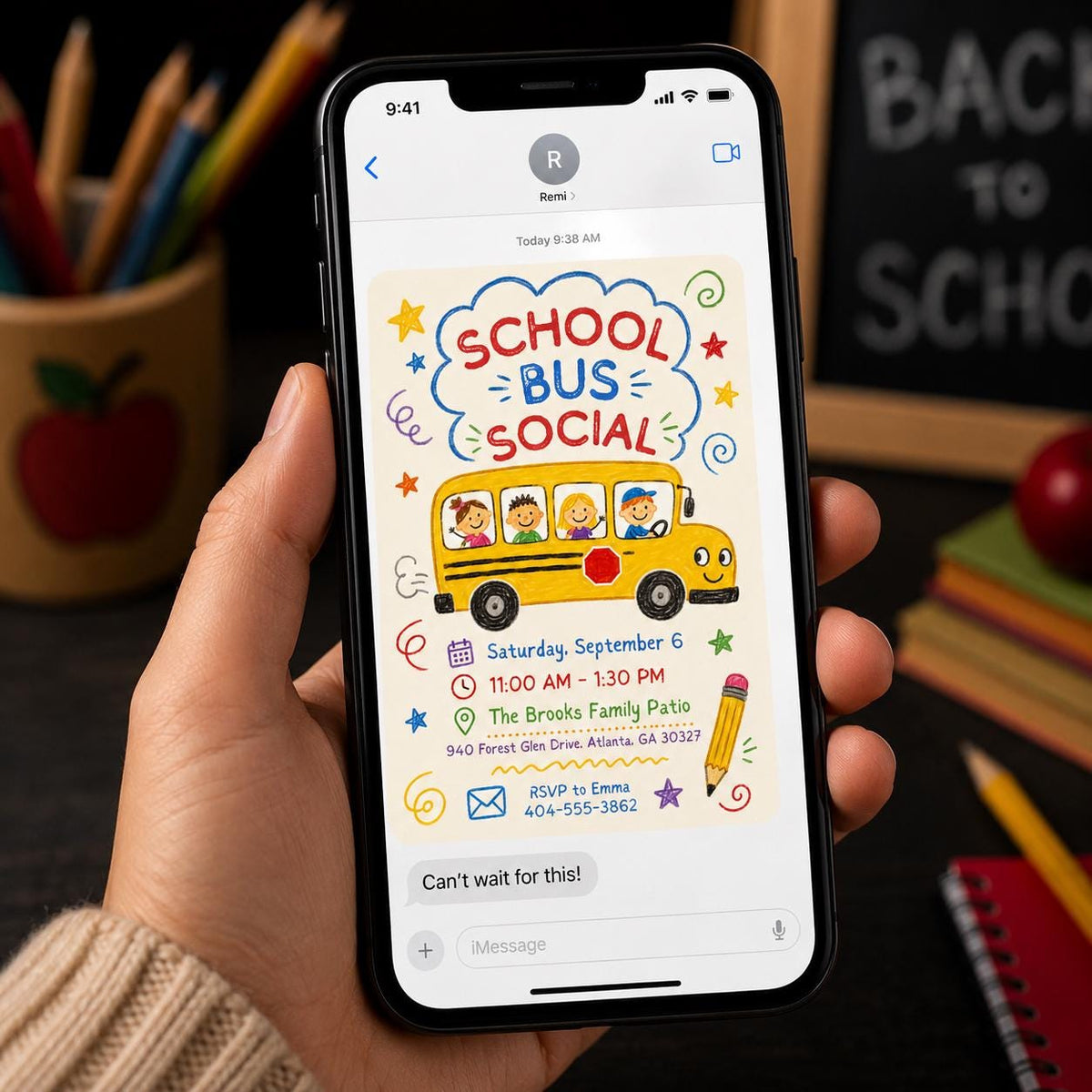 Crayon School Bus Social Invitation — print-ready party design from VoltBy