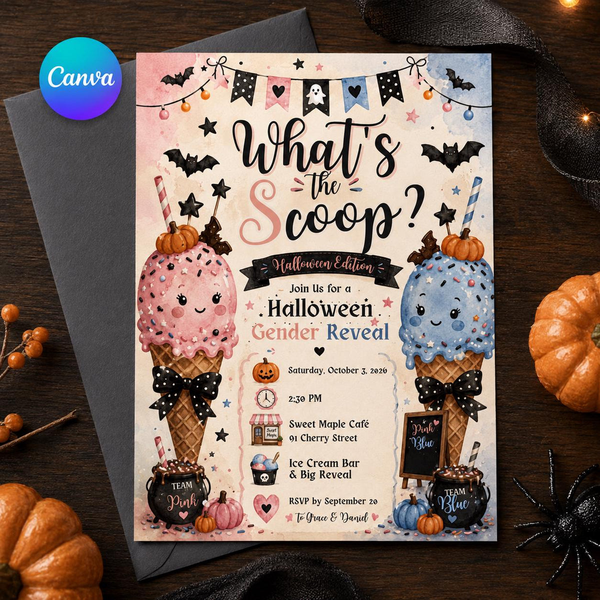 Cream and Pink Halloween Gender Reveal Invitation — editable Canva template