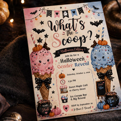 Cream and Pink Halloween Gender Reveal Invitation — ice design