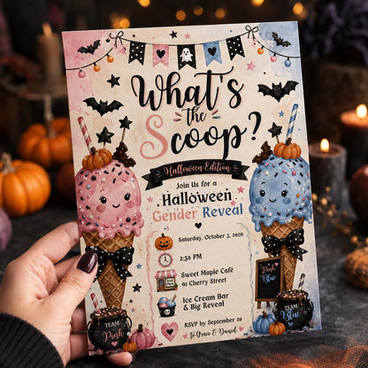 Cream and Pink Halloween Gender Reveal Invitation — ice artwork in blue