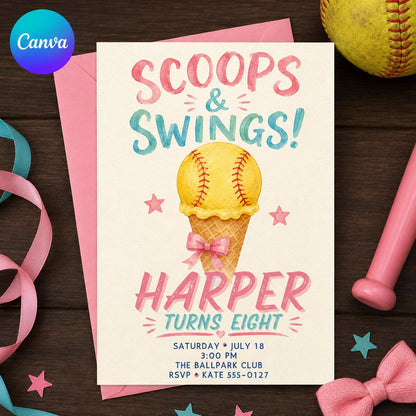 Cream and Pink Softball 8th Birthday Invitation for Girls — editable Canva template