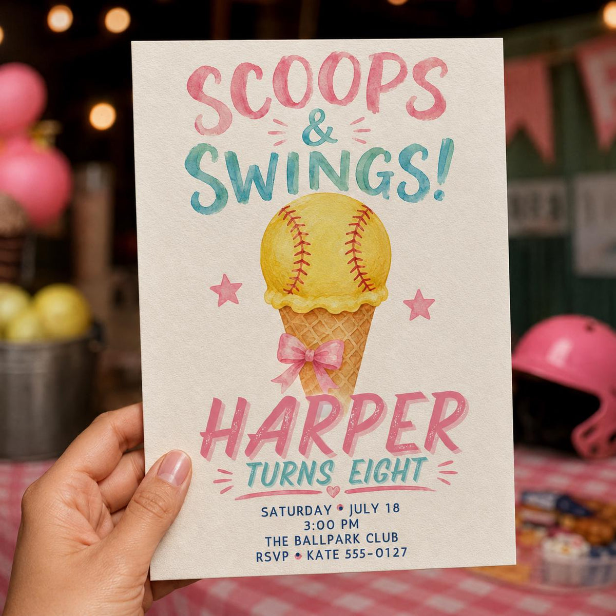Cream and Pink Softball 8th Birthday Invitation for Girls — invitation you personalize in Canva