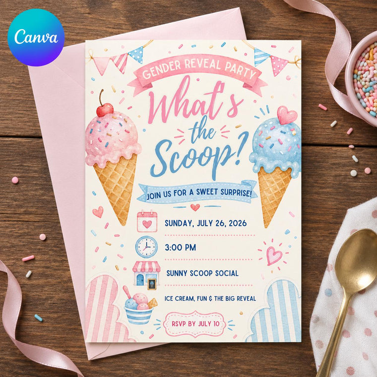 Cream and Pink What's the Scoop Gender Reveal Invitation for Girls
