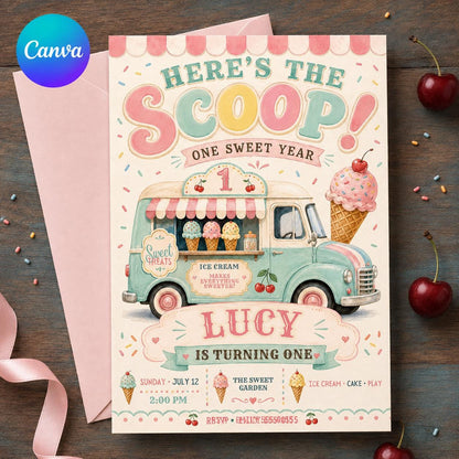 Cream Pastel 1st Birthday Invitation — editable Canva template