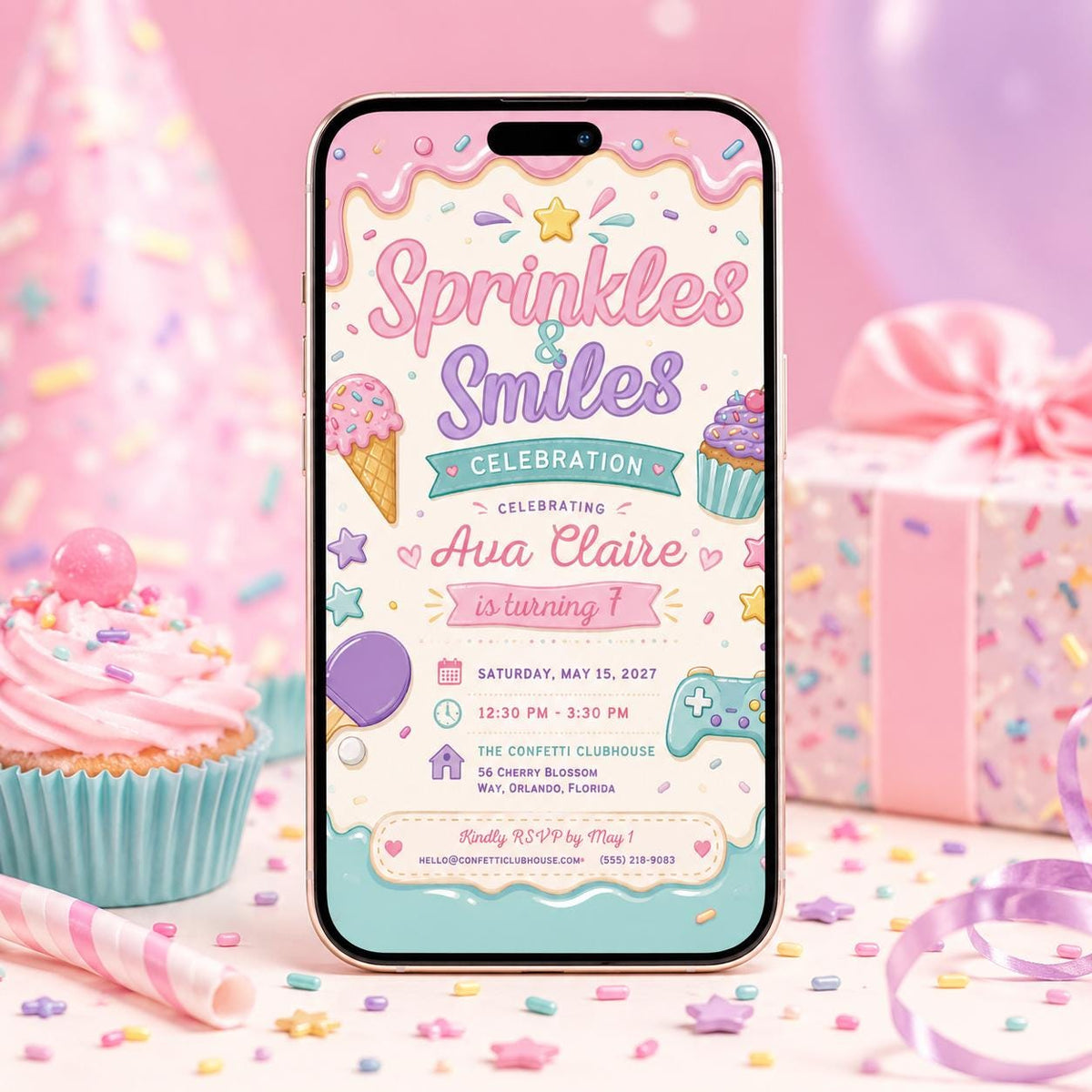 Cream Pastel Sweet Shop Birthday Invitation for Girls — candy and ice design