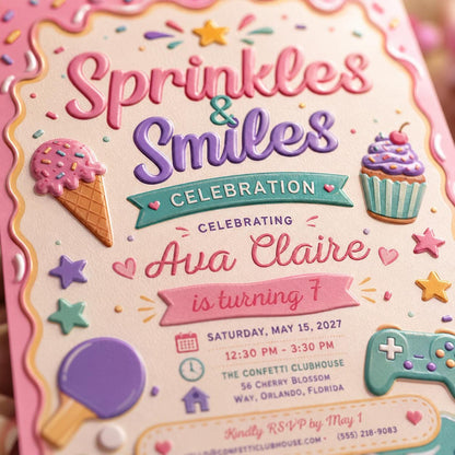 Cream Pastel Sweet Shop Birthday Invitation for Girls — print-ready birthday party design from VoltBy