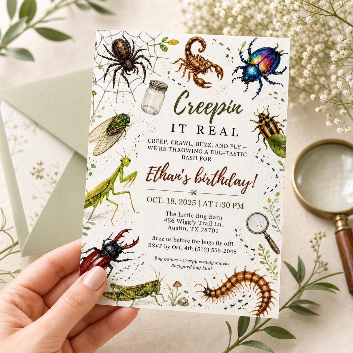 Creepin It Real Bug Birthday Invitation — invitation you personalize in Canva