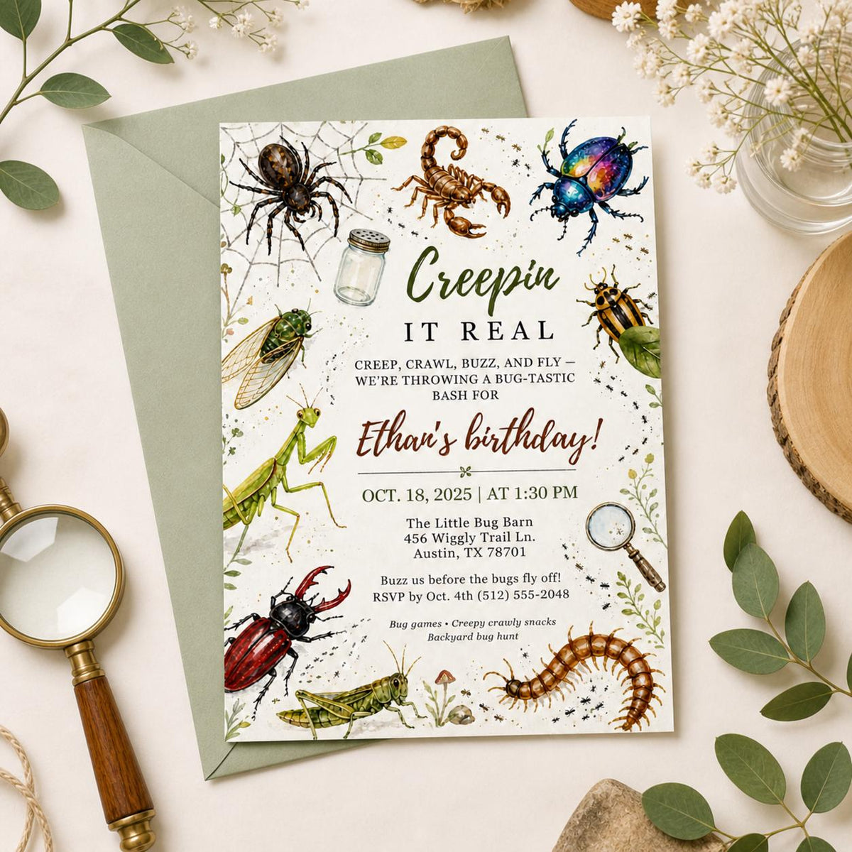 Creepin It Real Bug Birthday Invitation — print-ready birthday party design from VoltBy