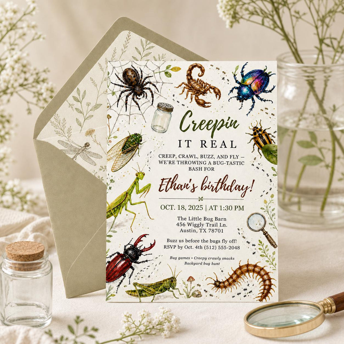 Creepin It Real Bug Birthday Invitation — digital invitation, instant download