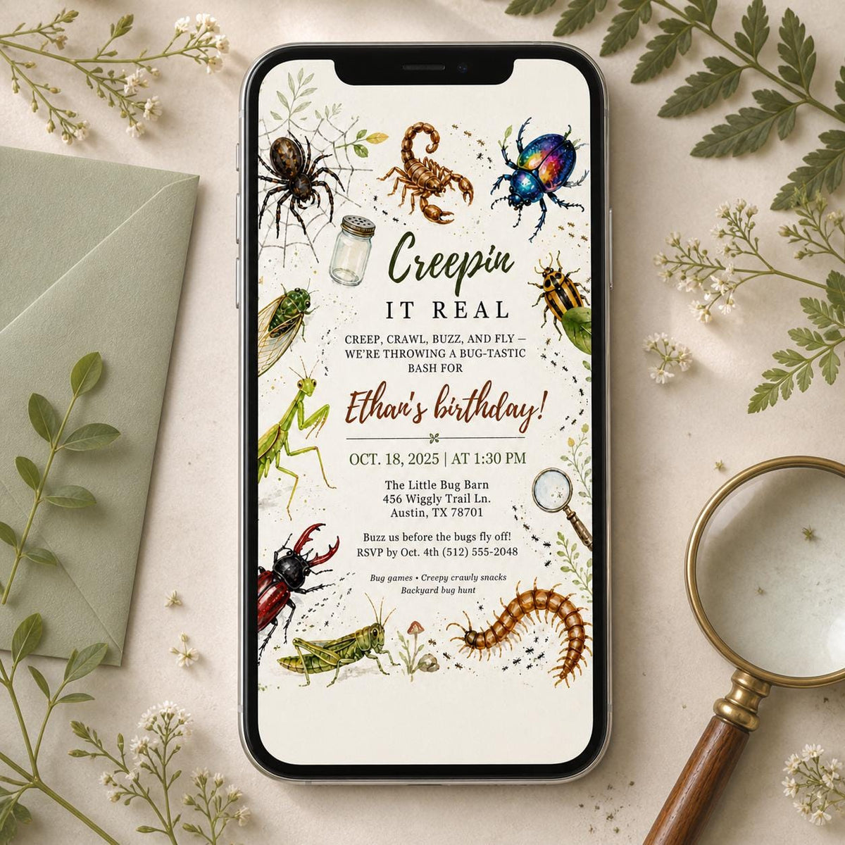 Creepin It Real Bug Birthday Invitation — birthday party stationery by VoltBy