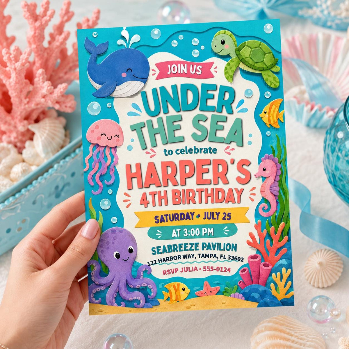 Cute Ocean Animals 4th Birthday Invitation — jellyfish design