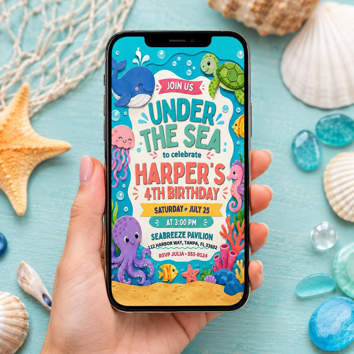 Cute Ocean Animals 4th Birthday Invitation — invitation you personalize in Canva