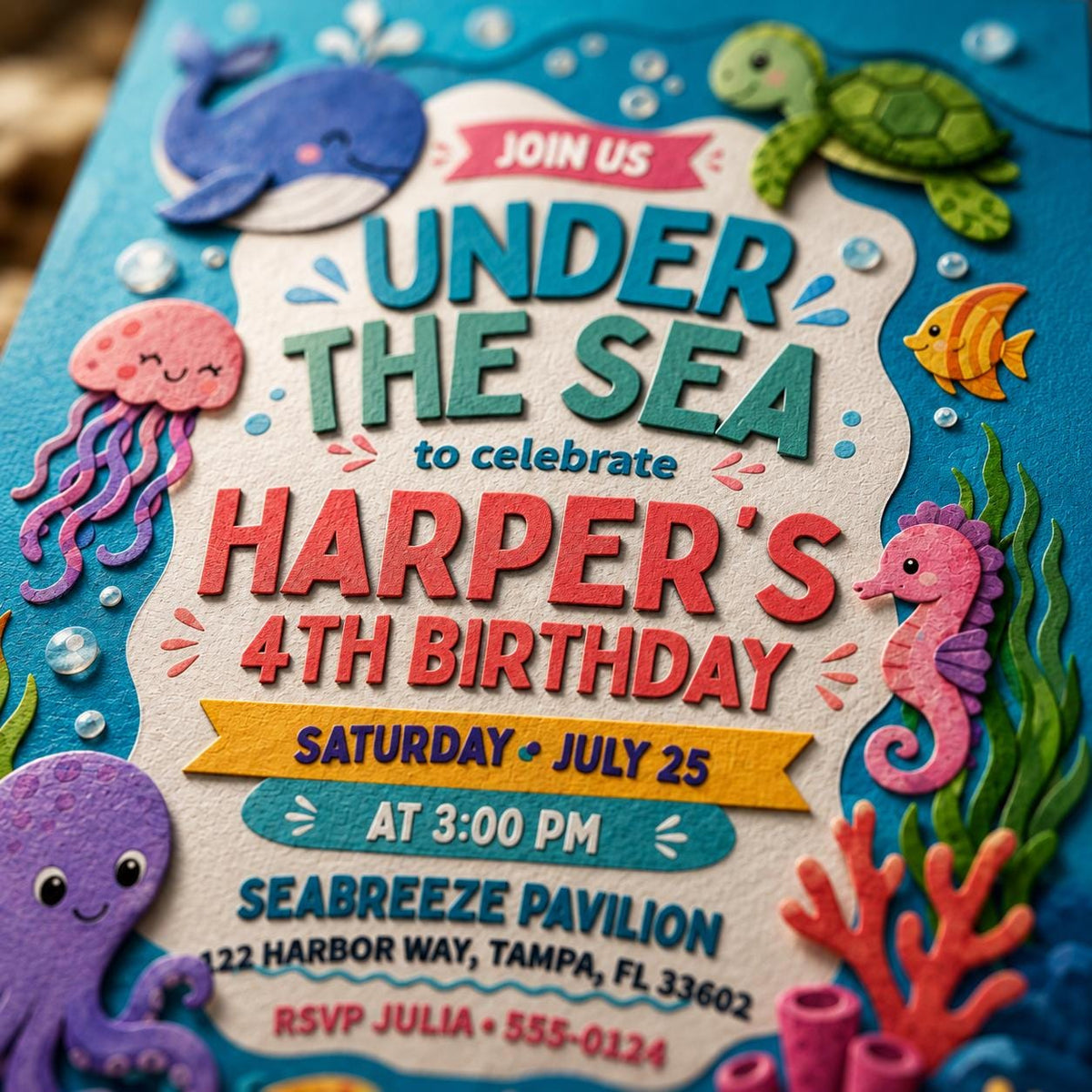 Cute Ocean Animals 4th Birthday Invitation — jellyfish artwork in blue and pink