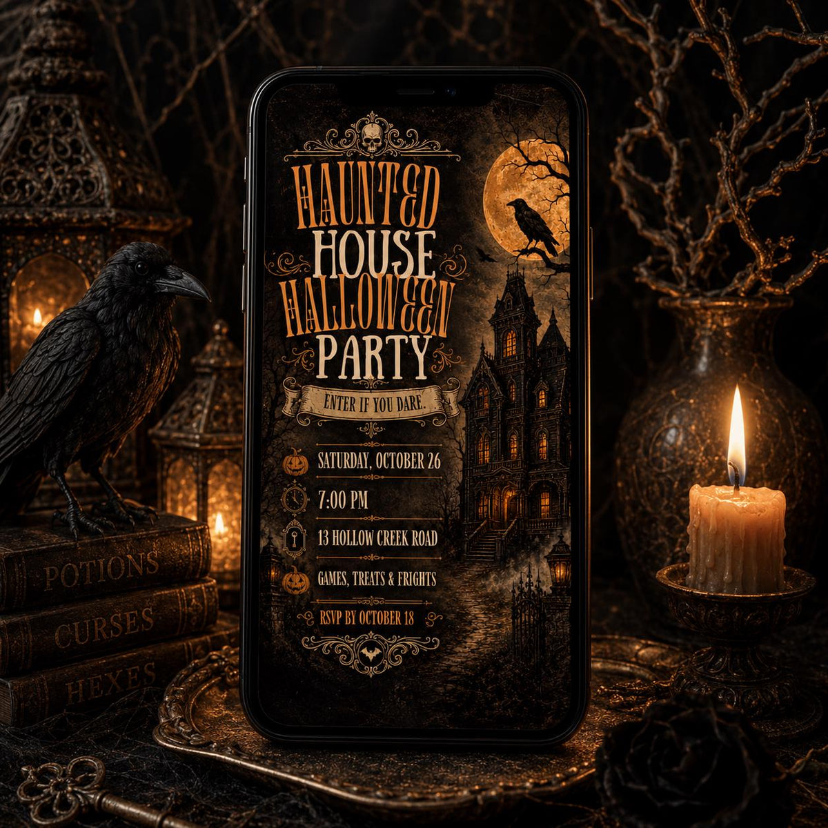 Haunted House Halloween Invitation, Gothic Mansion Costume Party, Vintage Editable Printable Canva Template