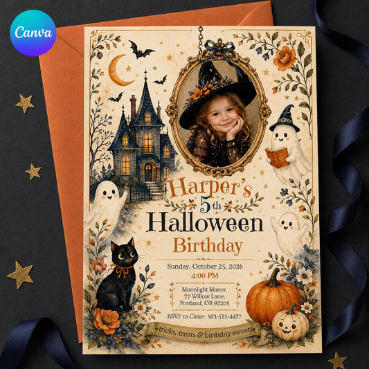 Halloween Birthday Invitation – Cute Witch Ghost 5th Birthday Party Invite – Spooky Girl