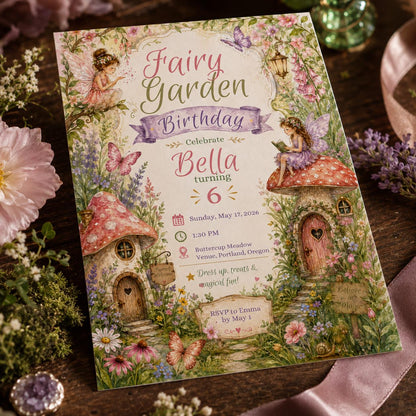 Fairy Garden Birthday Invitation – Enchanted Woodland Girl 6th Birthday Party Invite