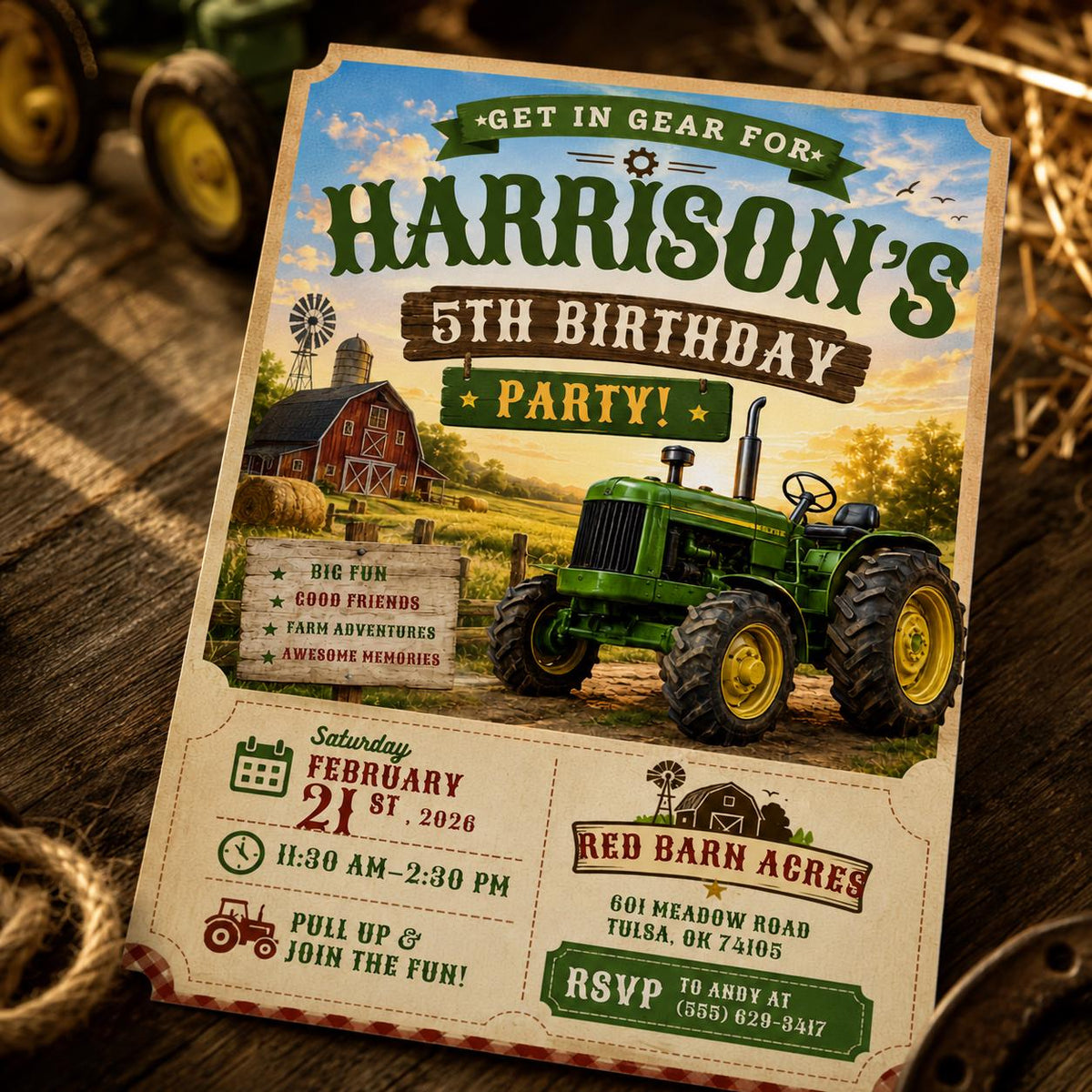 Tractor 5th Birthday Invitation – Rustic Farm and Barnyard Party Invite for Boys