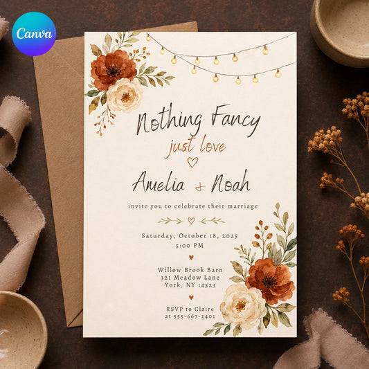 Rustic Fall Wedding Invitation – Nothing Fancy Just Love Terracotta Floral Barn Celebration