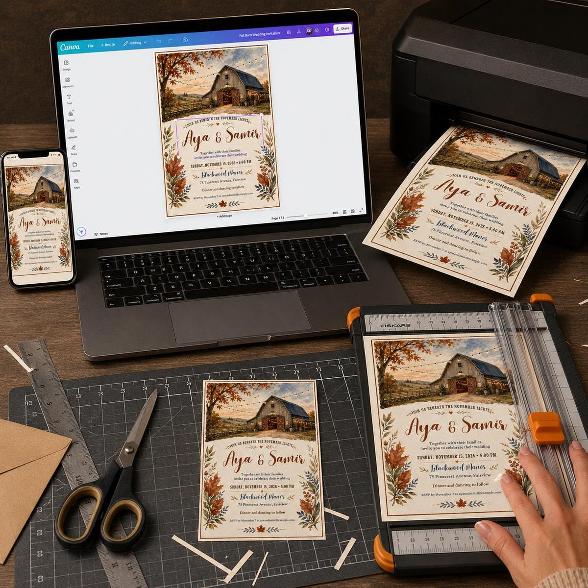 Rustic Fall Wedding Invitation – Barn Wedding Autumn Leaves