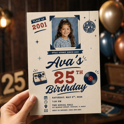 25th Birthday Photo Invitation, Retro Polaroid Party Invite, Born in 2001 Vintage Disco Milestone Editable Canva Template