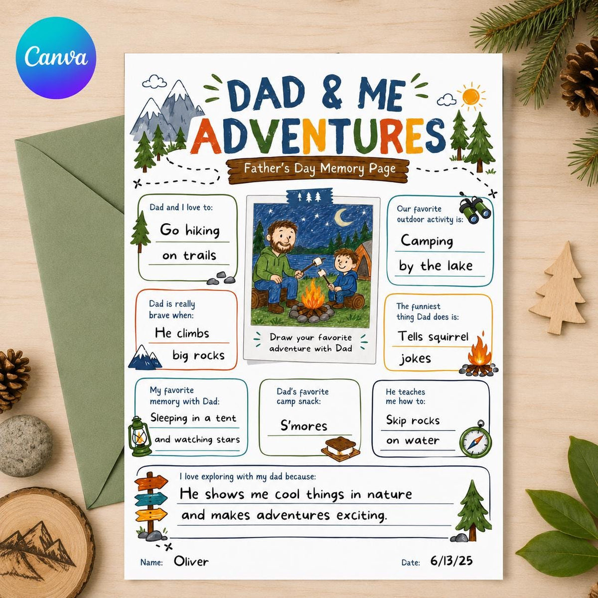 Dad and Me Adventures Camping Memory Page — editable Canva template