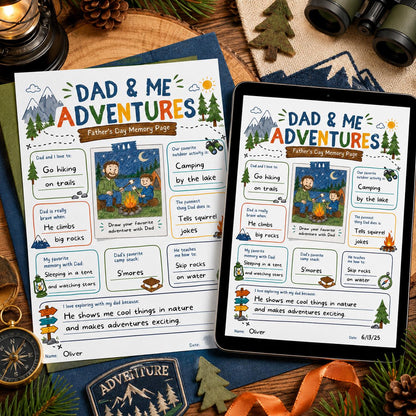 Dad and Me Adventures Camping Memory Page — print-ready father's day design from VoltBy