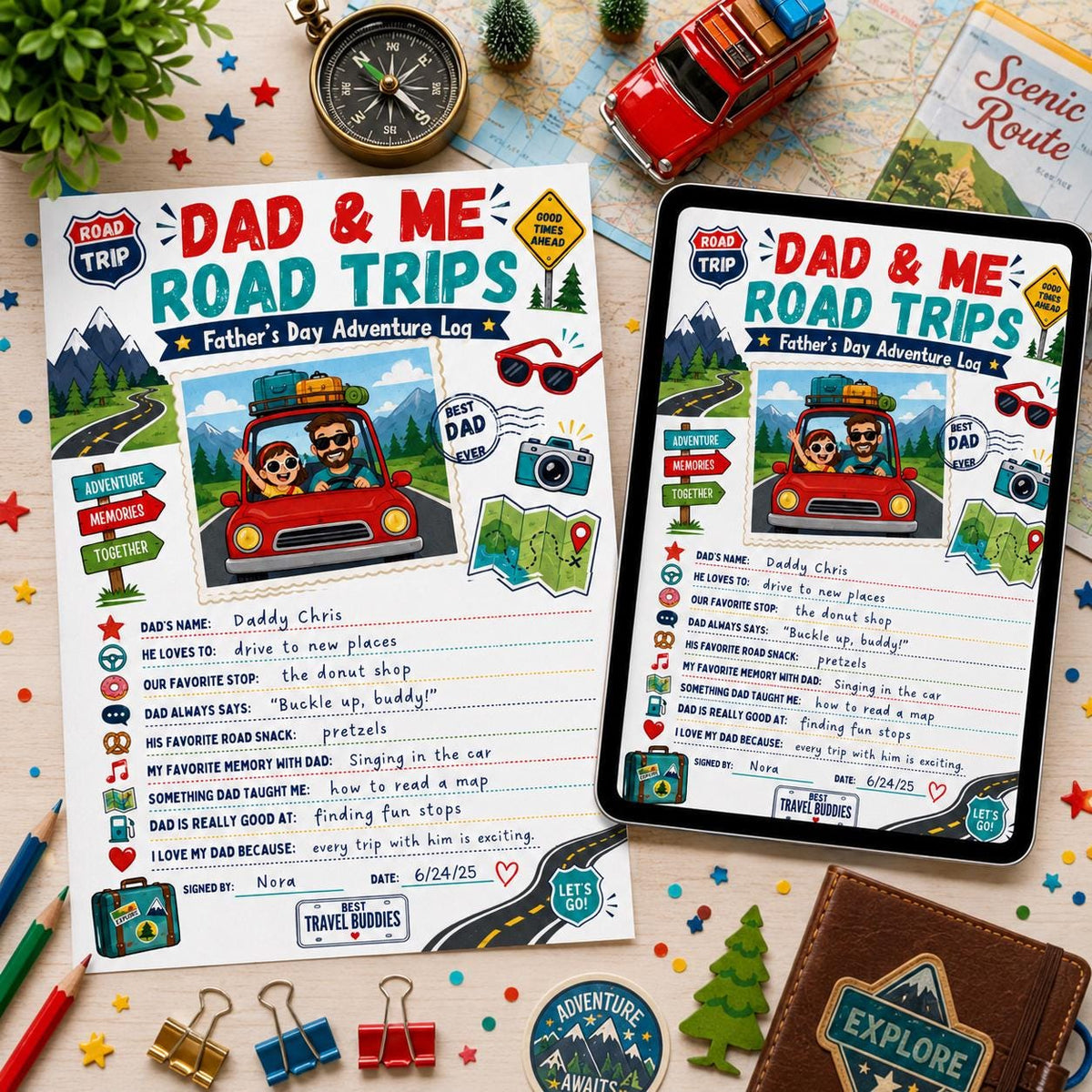 Dad and Me Road Trips Father's Day Worksheet in blue red