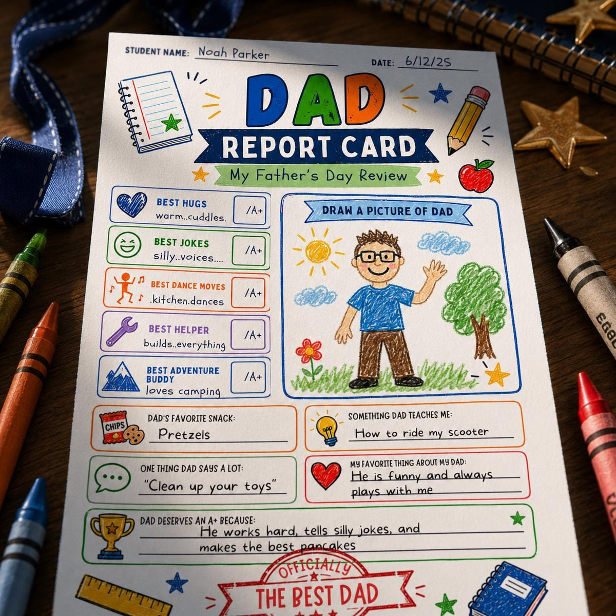 Dad Report Card Father's Day Worksheet in blue and green