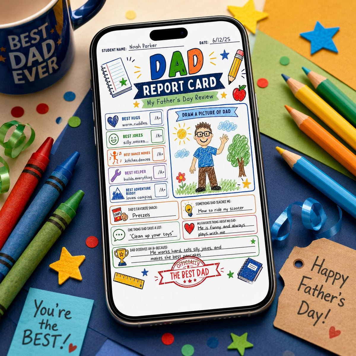 Dad Report Card Father's Day Worksheet — pencil and school supplies design
